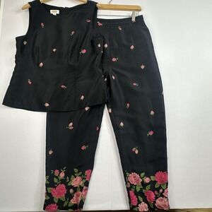 Talbots 100% Silk 2 Piece Pant Set Size 14 Black Pink Rose Floral Matching Women
